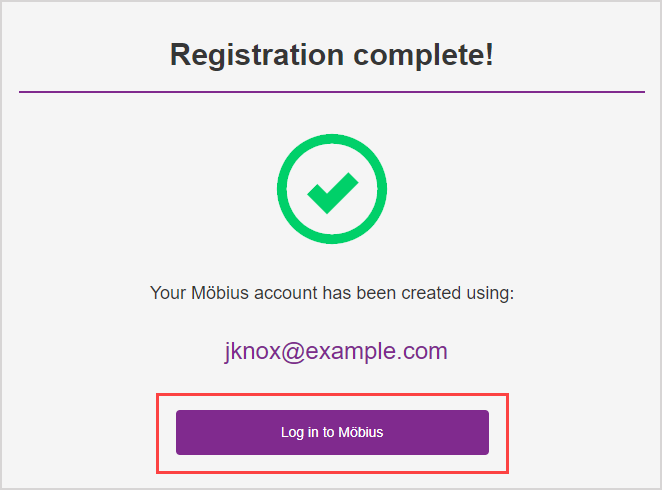 The "Log in to Möbius" button is shown in the success message after confirming your self-registration from the email message.